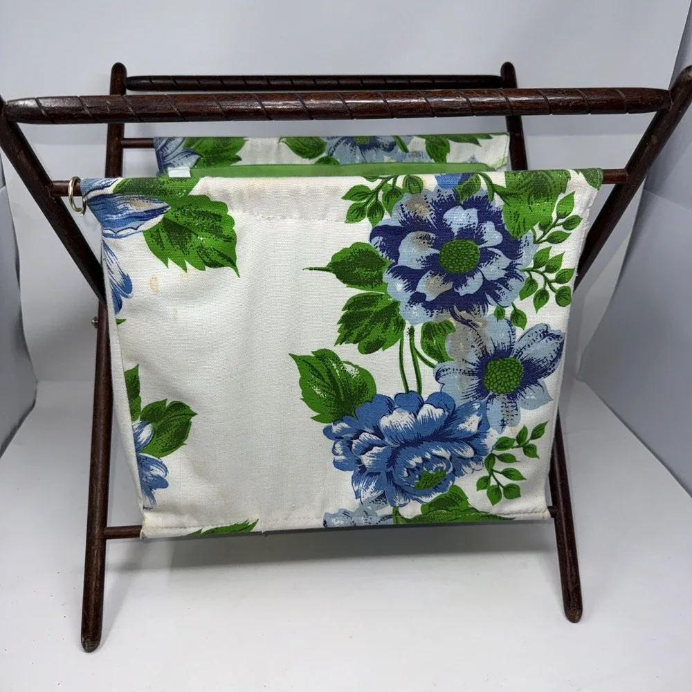 Vintage Folding Wood Frame Sewing Basket Craft Caddy Floral Fabric MCM 16
